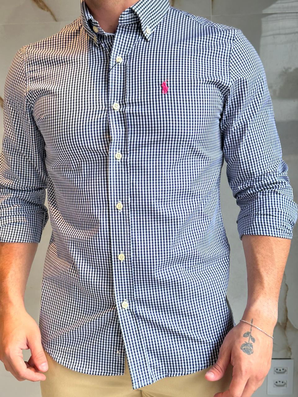 Camisa Social RL Microxadrez M/L - Marinho | Rosa