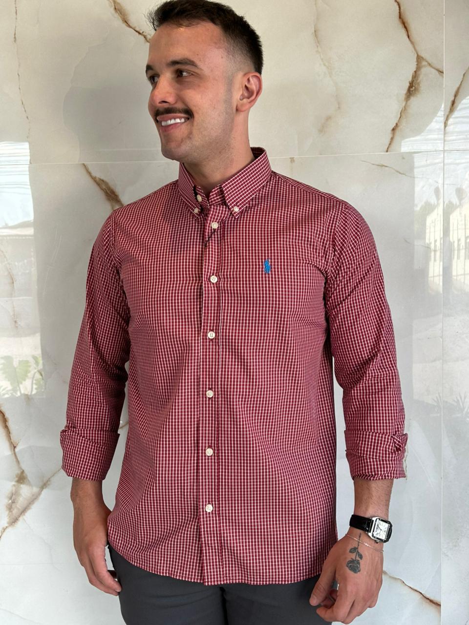 Camisa Social RL Quadriculada M/L Tam.Especial - Vermelho Logo Azul