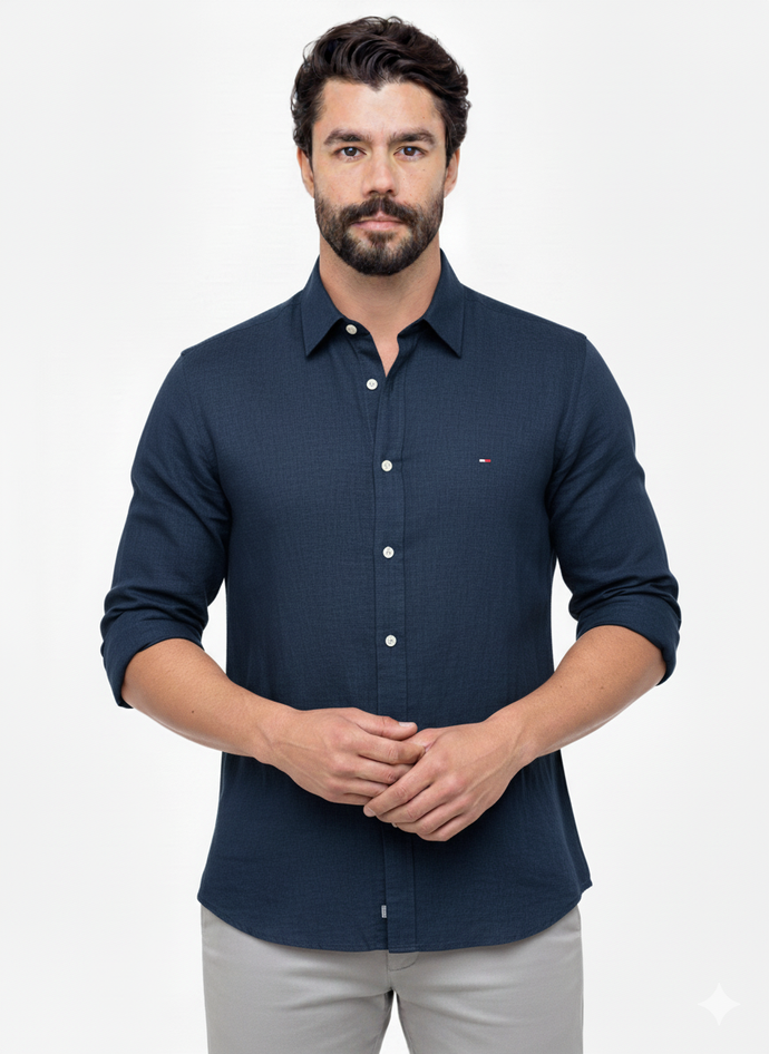 Camisa Social TH M/L Linho - Azul Marinho