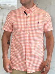 Camisa Social RL Microxadrez M/C - Laranja | Marinho