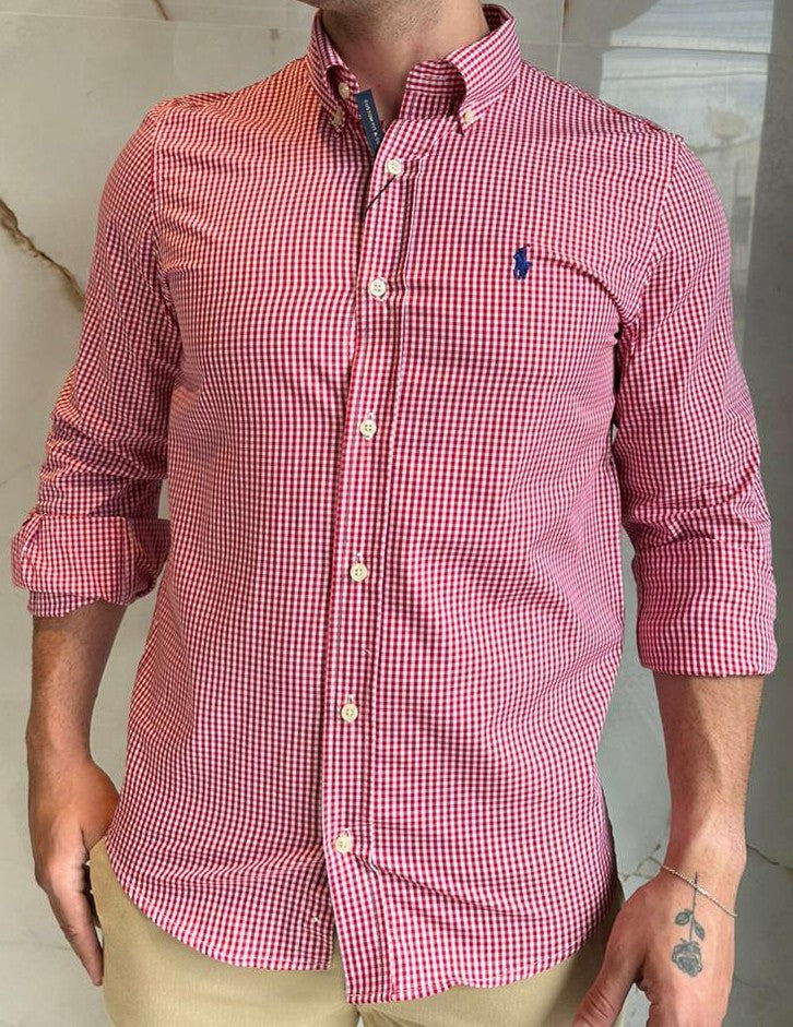 Camisa Social RL Microxadrez M/L - Vermelho | Marinho