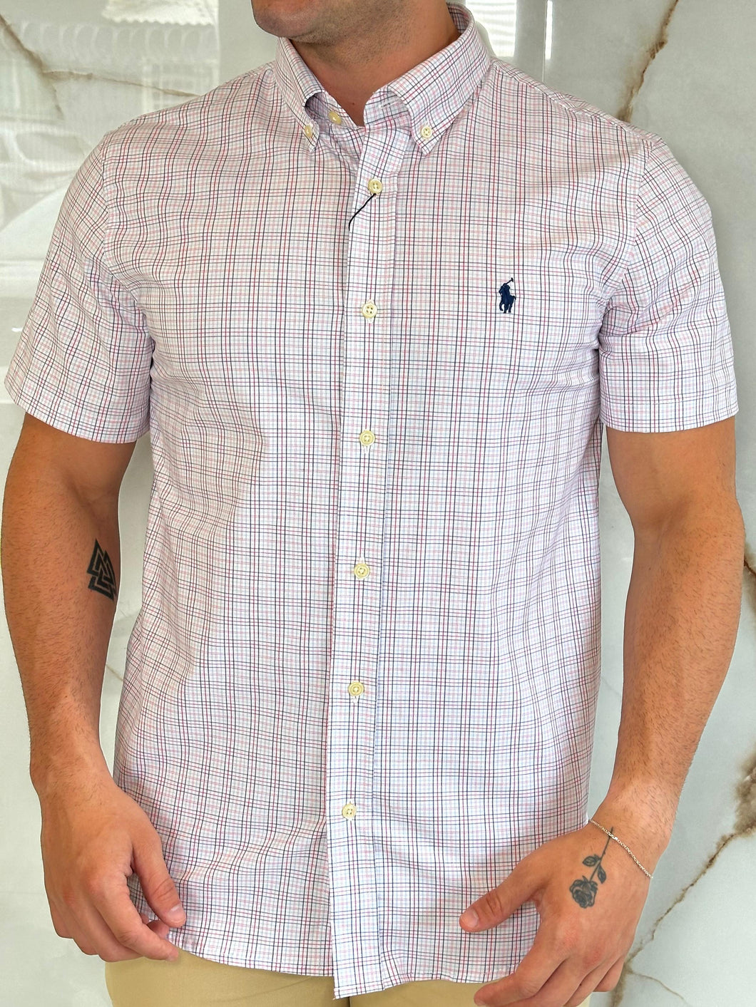 Camisa Social RL Microxadrez M/C - Branco | Marinho