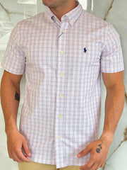 Camisa Social RL Microxadrez M/C - Branco | Marinho