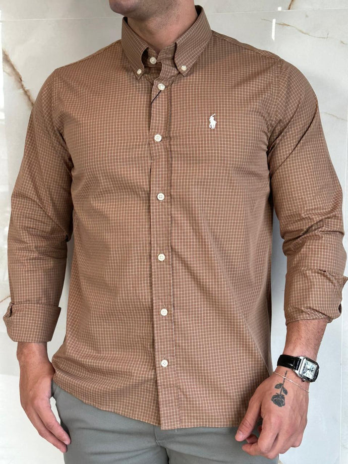 Camisa Social RL Quadriculada M/L - Caqui Logo Branco