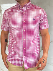Camisa Social RL Microxadrez M/C - Rosa | Marinho