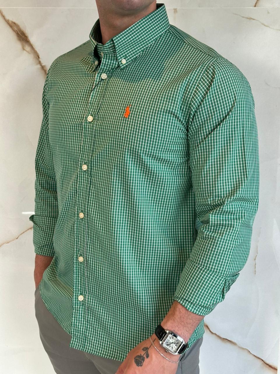 Camisa Social RL Quadriculada M/L Tam.Especial - Verde Logo Laranja